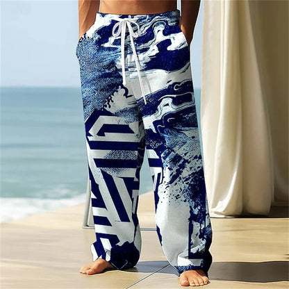 Stylish Men's Casual Pants Retro Classic Print Casual Pants Beach Wide-Leg Pants Streetwear Loose-Fit Athletic Pants