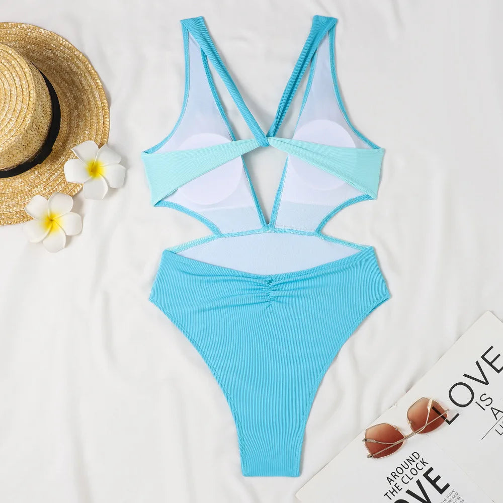 Patchwork Solid Swimwear Women Strapped One Piece Swimsuit Beach Lady Monokini Backless Hollow Bathing Suit