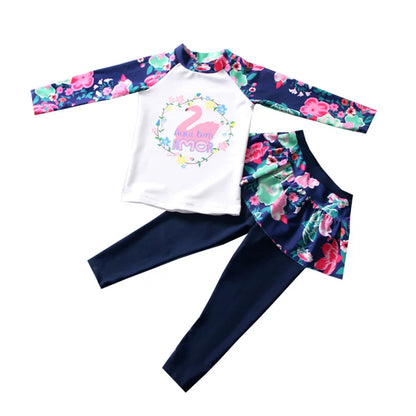 Girls' Long Sleeve Swimming Suit Skirt Style Quick Dry Thermal Sunscreen Swimwear Casual Surf Suit Children's Two Piece Swimsuit