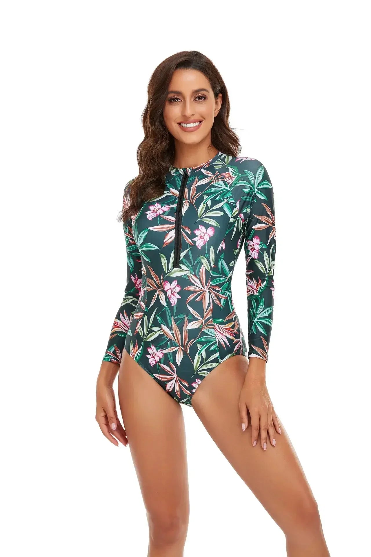 One-piece Swimsuit Women Long Sleeves Sunscreen Surf Wear Solid Color Stitching Zipper Conservative Summer Beach Swimwear