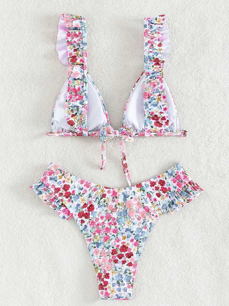 Floral Print Verge Strapped Bikini Set Tied Push UP Swimsuit High Waist Swimwear Women Backless Beach Bathing Suit