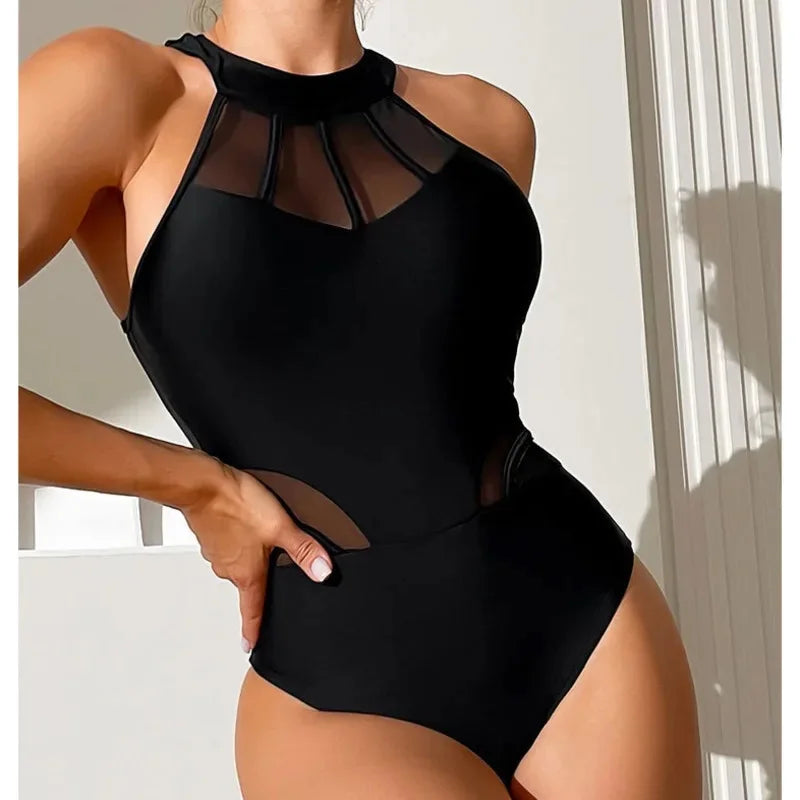 Black Net One Piece Swimsuit Closed Female Swimwear Push Up Body Women's Swim Wear Bathing Suit Beach Pool Bather
