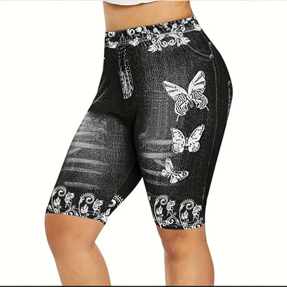 High Waist Women's Leggings Comfy Faux Denim Floral Geometric Patterns Y2K Style - Perfect for Yoga Casual Wear