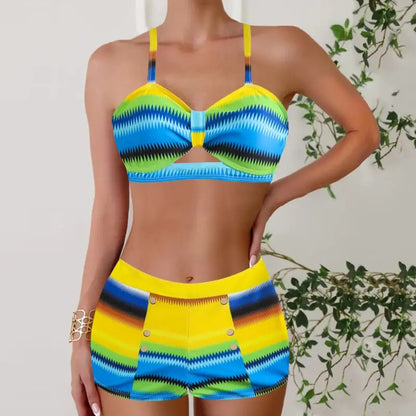 Summer Beach Striped Print Ruched Bikini Set Swimwear Bathing Suit For Women