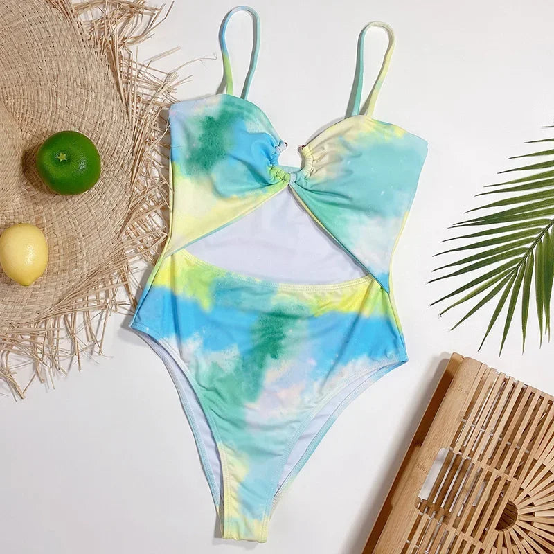 Tie Dye Tummy Cut Out Women Bandeau Swimwear One Piece Swimsuit Female High Cut Monokini Bather Bathing Suit Swim Lady