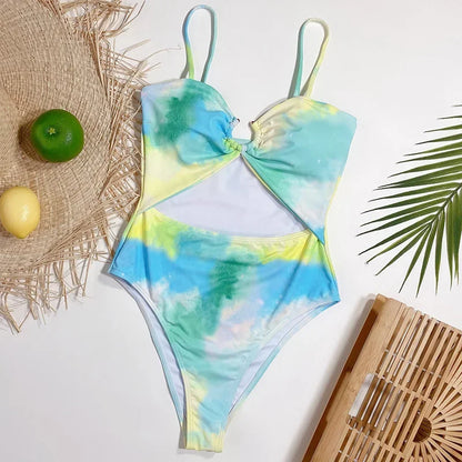 Tie Dye Tummy Cut Out Women Bandeau Swimwear One Piece Swimsuit Female High Cut Monokini Bather Bathing Suit Swim Lady
