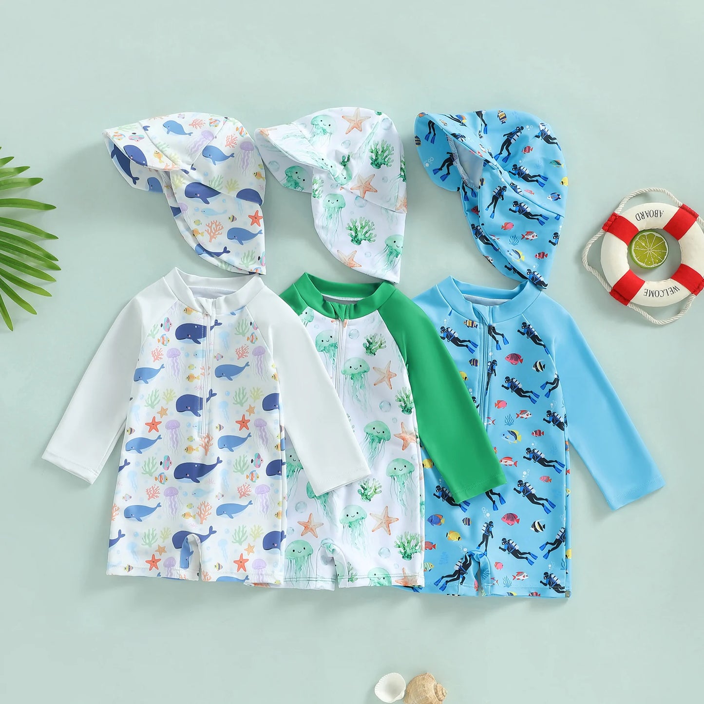 Summer Toddler Kids Baby Boy Rash Guard Swimsuits Animal Print Zipper Long Sleeve Bathing Suits with Swim Cap Swimwear