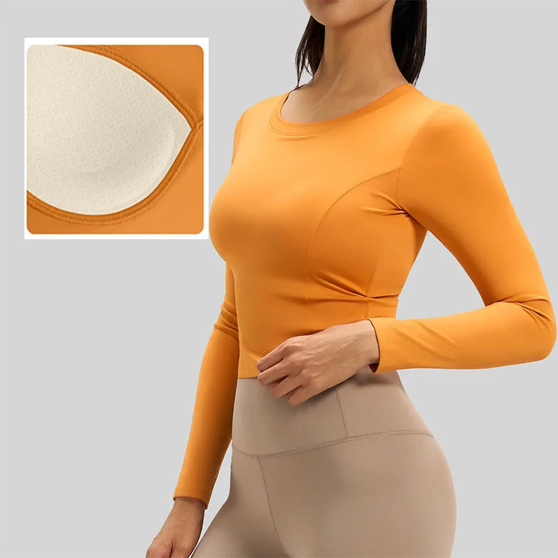 Women's Long-Sleeve Cut-Out Back Yoga Crop Top with Built-In Bra