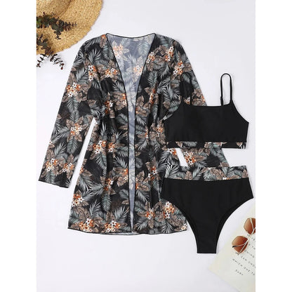 Three Pieces Bikini Set Cover Up Swimwear High Waisted Bikini Set Women's Swimwear Print  For Female Bath Suit Tropical