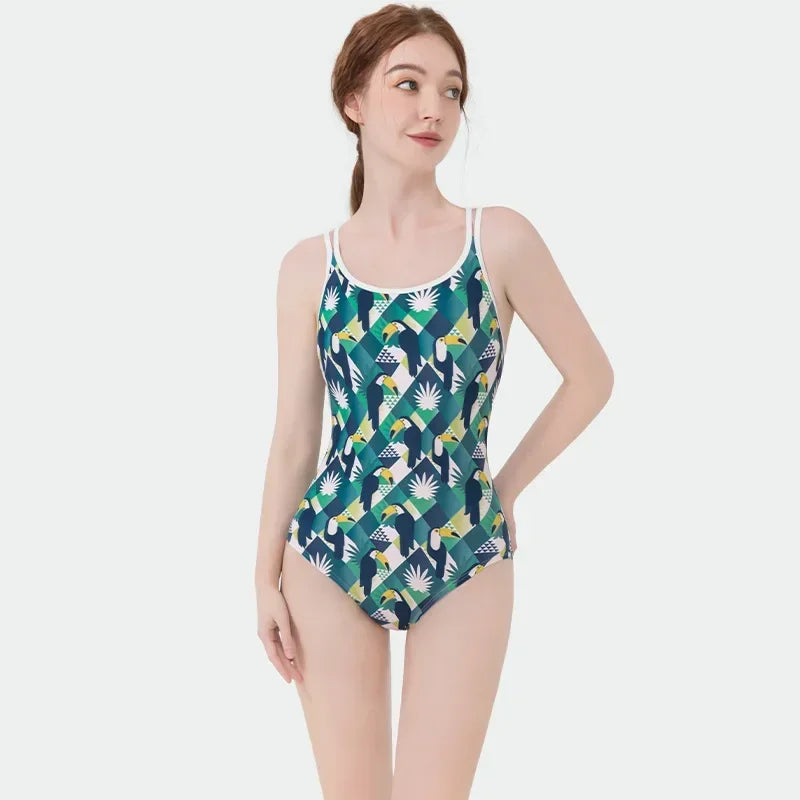 Women Flower Printed One-piece Racing Competition Swimsuit Fashion Sun Protection High Stretch Training Professional Swimwear