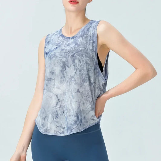 Women's Quick-dry Sports Vest Running Fitness Tank Top Sleeveless Tie-Dye Yoga Shirt Beauty Back Outer Wearing Sports T-shirt