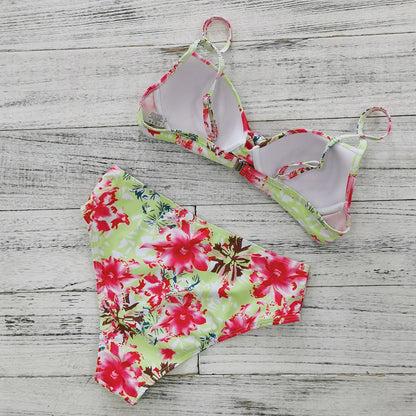 Leaf Print Bikini Female Swimsuit Women Swimwear Thong Push Up Bikinis Set High Waist Swimming Suits for Bathing Suit