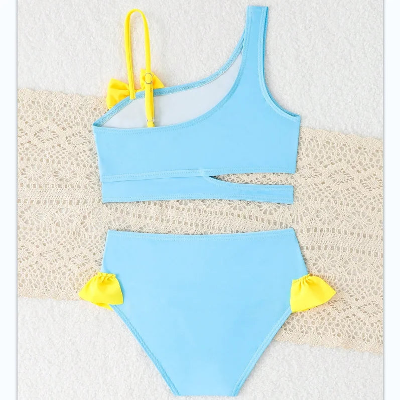 Little Girls Swimsuit High Waist Bikini Ruffle Swimwear Female Solid Children Bathing Swimming Swim Suit 4-7Y