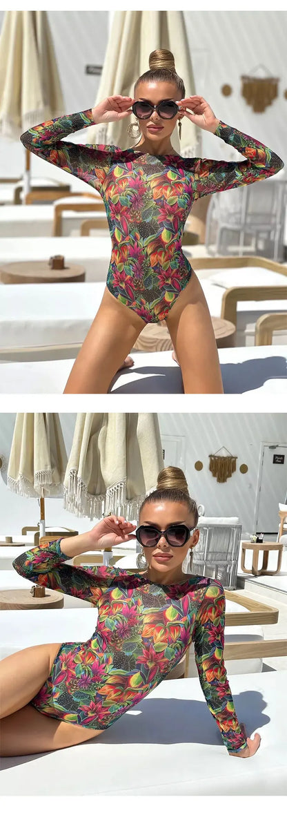 Mesh High Waist Swimsuit Women Summer Bathing Suit Bikini Set Long Sleeve Swimwear Beach Swimming Suit For Female