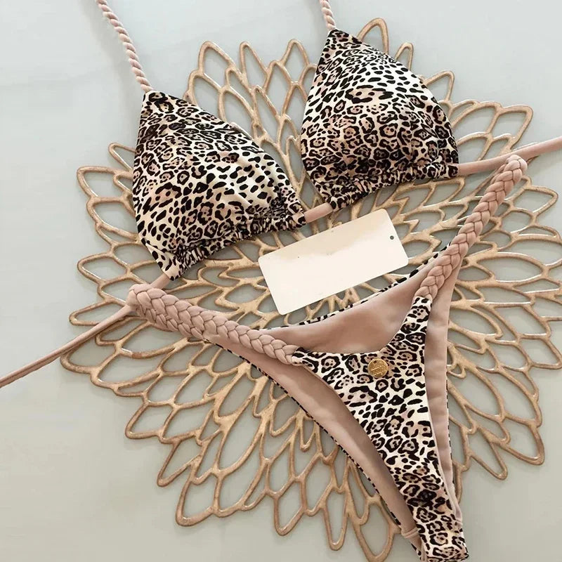 Swimwear Women Leopard Printed Bikini Set Striped Beachwear Summer Swimsuit Two-pieces Thong Bathing Suit Biquinis
