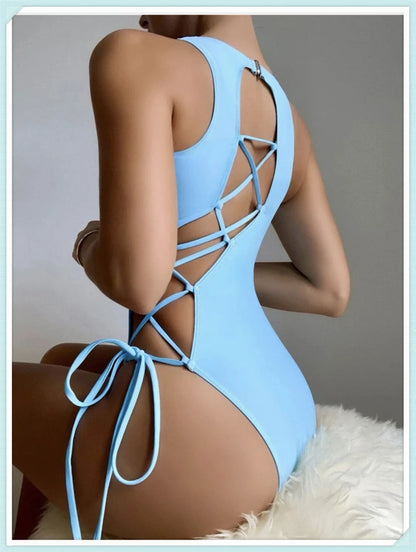 Lace Up Back Swimsuit One Piece Printed Swimwear Women Backless Bathing Swimming Suit Female Padded Beachwear Bodysuit