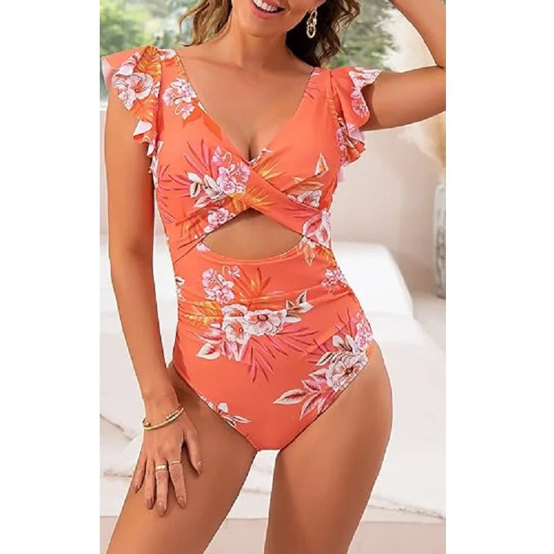 Nadanbao Fashion Elegance One-Piece Swimsuit Women Plicated Bikini Female Hollow Out Backless Flounce Beach Party Swimming Suit