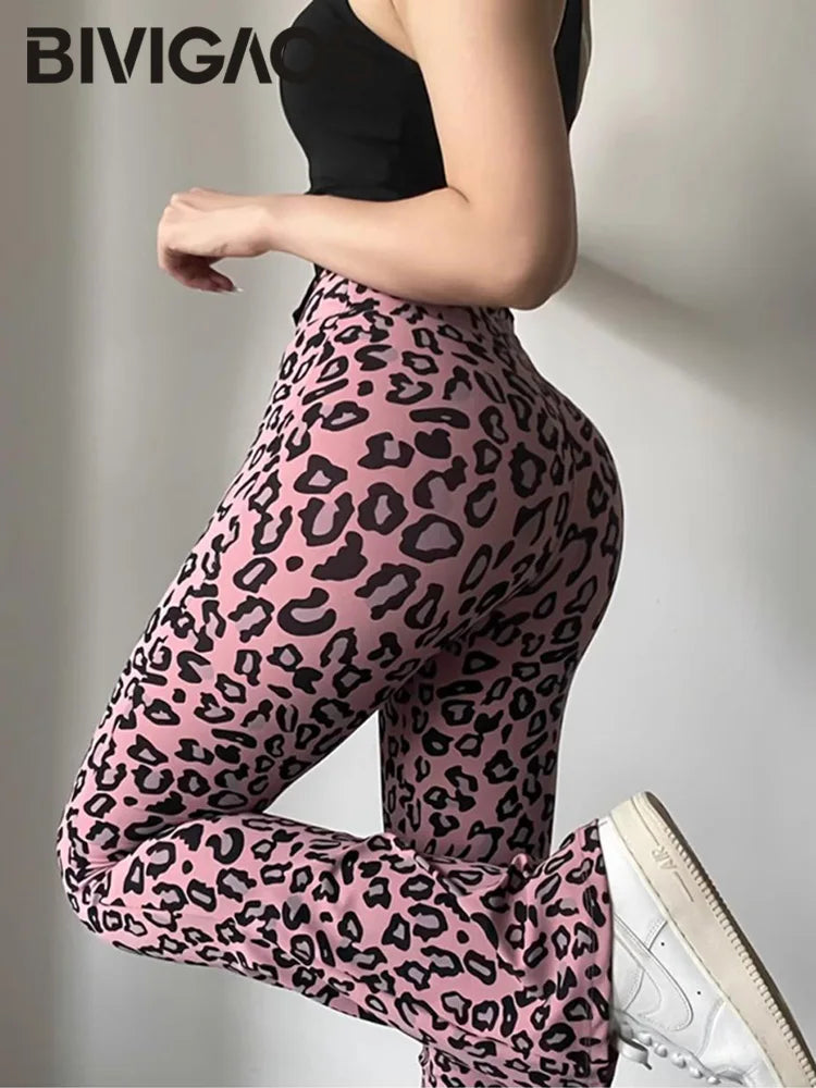 BIVIGAOS Spring Summer Leopard Print Flared Leggings Women Sharkskin High Waist Tight Sport Pilates Fitness Horseshoe Pants