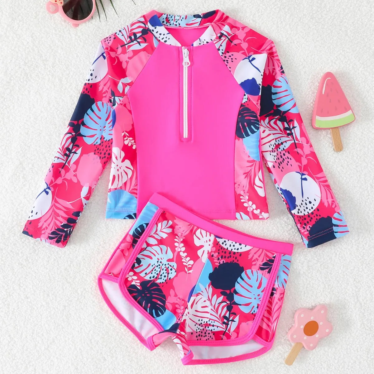 Girls Two Piece Swimwear Long Sleeve Rash Guard Shirts Quick-Dry Bathing Suit Summer Beach Wear Kids Swimsuit Toddler Bikini