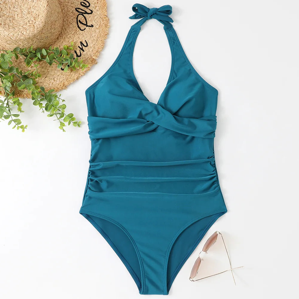 S - XXL Wrinkled Halter V Neck One Piece Swimsuit Women Swimwear Female Monokini Backless Bathing Suit Swim Beachwear Bodysuit