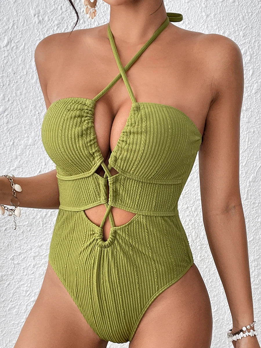 Halter Swimsuit One Piece Solid Hollow Swimwear Women Bathers Bathing Swimming Swim Suit Female Beachwear Bodysuit