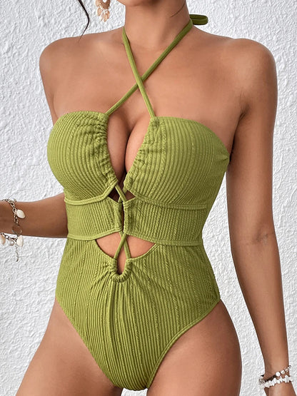 Halter Swimsuit One Piece Solid Hollow Swimwear Women Bathers Bathing Swimming Swim Suit Female Beachwear Bodysuit