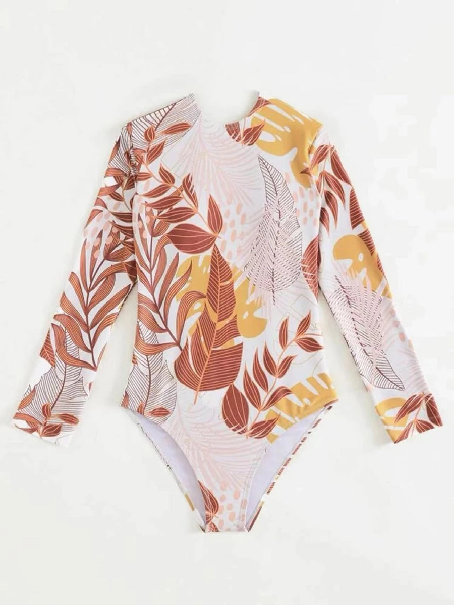 Tropical Leaf Print Long Sleeve Swimsuit One Piece Hollow Out Cross Swimwear Women Bathing Suit Padded Beachwear Swimming Summer