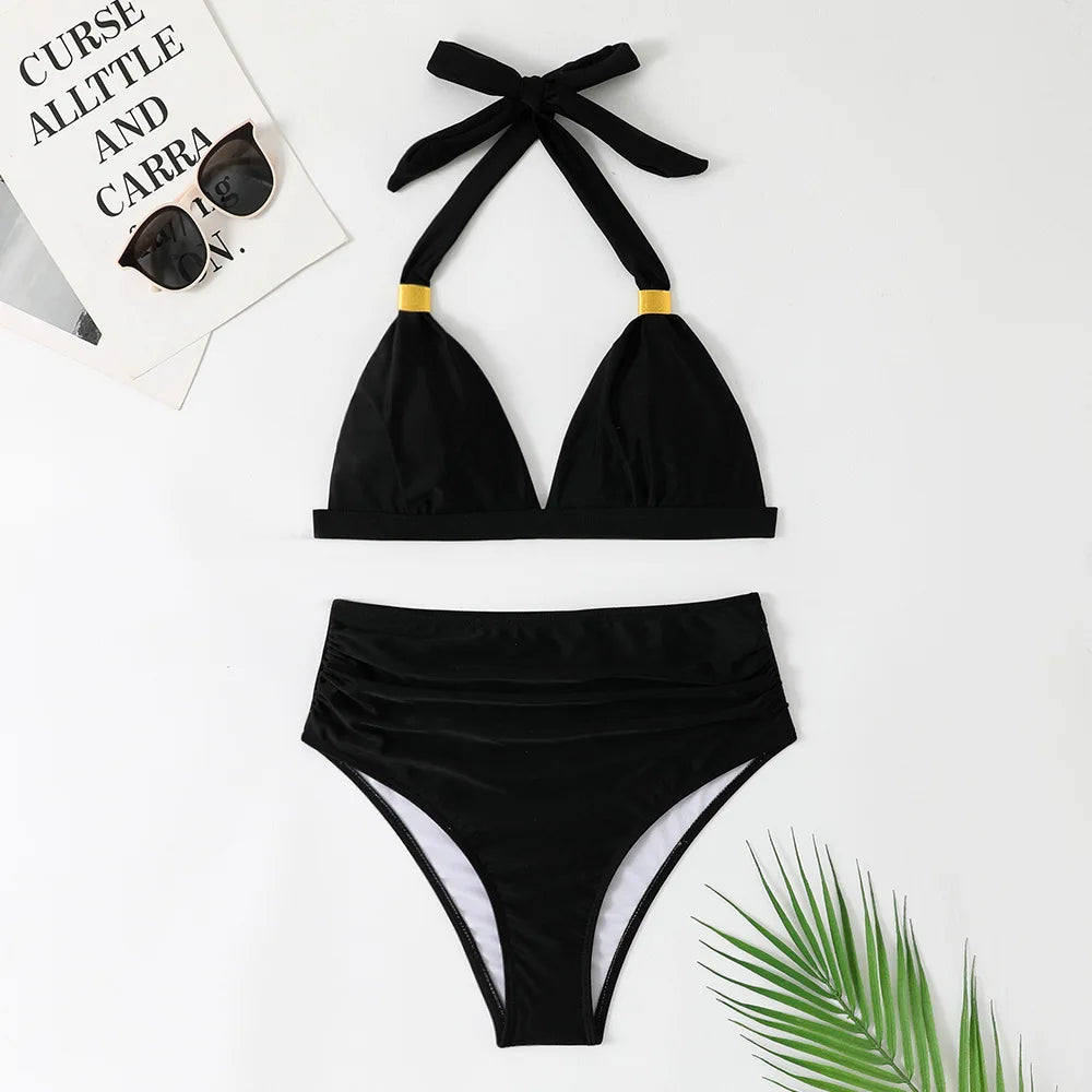 Solid Bathing Suit Women Two-piece High Waisted Chic Split Swimsuit Neck-mounted Low Cut Backless Beachwear Summer New