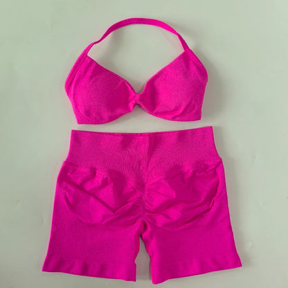 2PCS Gym Set Women Strappy Yoga Bra Top High Waist Workout Scrunch Shorts Sports Suit Seamless Yoga Set Fitness Clothes