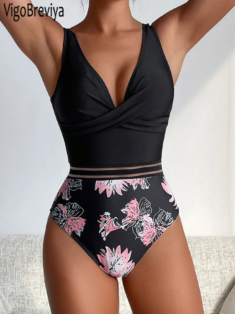 Floral Print Patchwork Swimwear Women Cross Push UP One Piece Swimsuit Monokini Backless Summer Bathing Suit