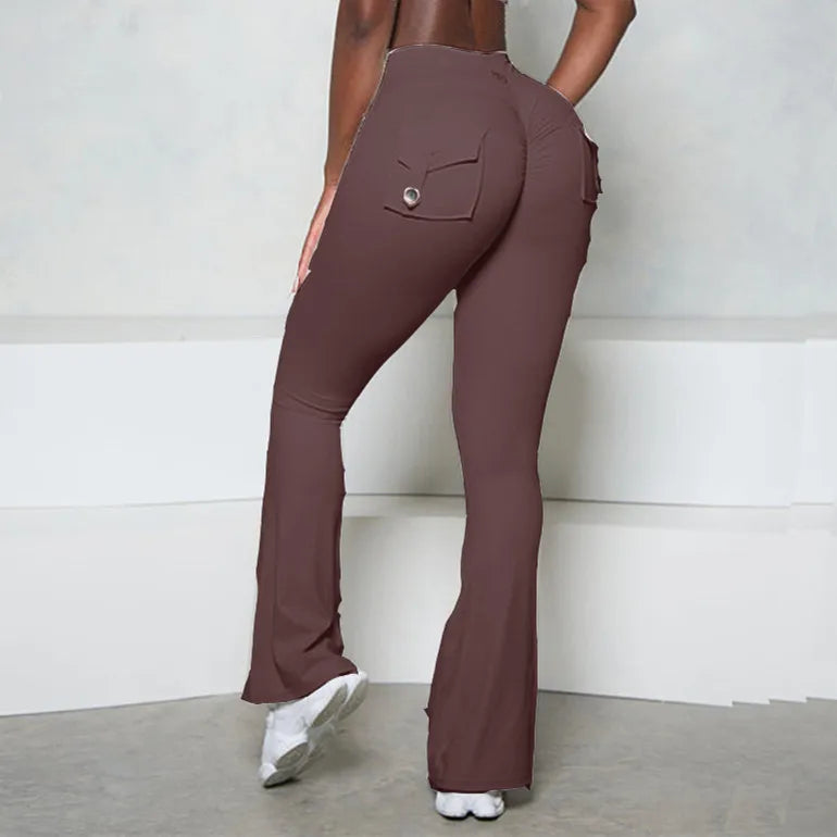 Pocket Button Flare Leggings High Waist Wide Leg Yoga Pant Women Gym Fitness Sport Dance Trousers Active Bottoms