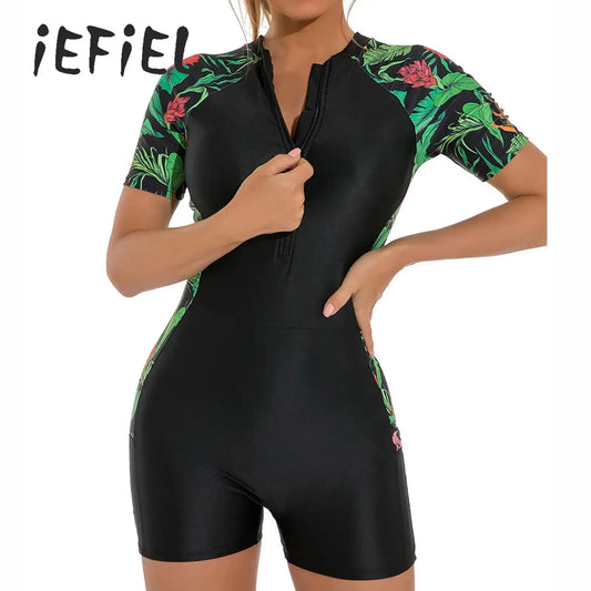 Printed Short Sleeve One Piece Swimsuit Women's Floral Swimwear Zip Front Swimming Beach Pool Bodysuit Jumpsuit Bathing Suit