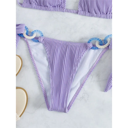 Halter Shiny Ring Ribbed Bikini Female Swimsuit Women Swimwear Two-pieces Bikini set Brazilian Bather Bathing Suit Swim