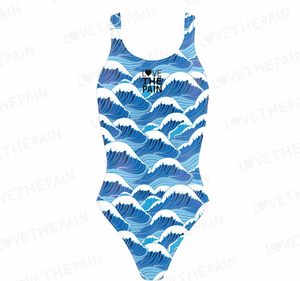 A blue and white one-piece swimsuit with a wave print and the text 'LOVE THE PAIN' on the top.