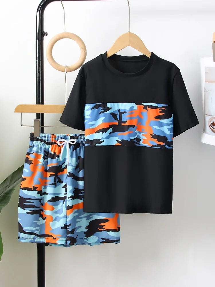 Boy Kids Swimsuit Black Short Sleeve Children Swimwear Summer Beach Shorts Two Piece Beach Wear Bathing Suit Swimming