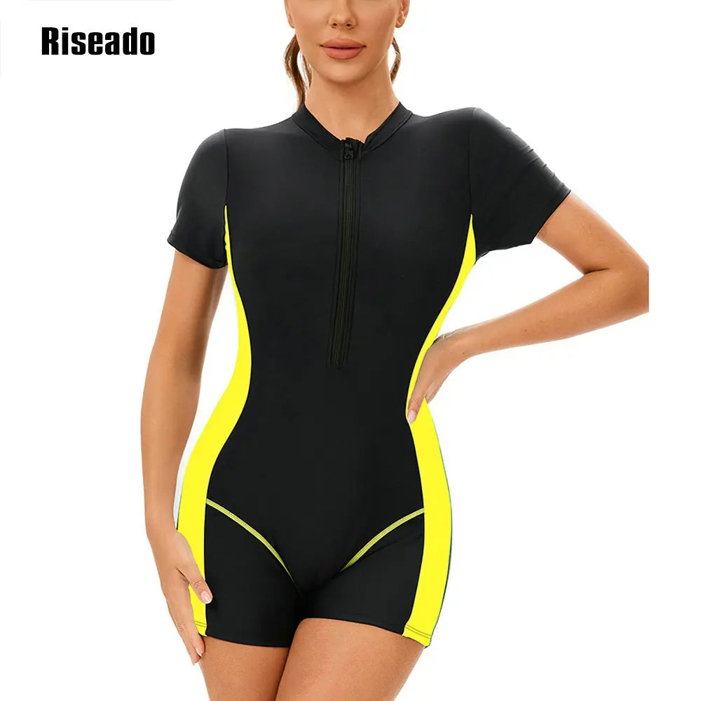 Short Sleeve Rash Guard Women Boyleg Sport One Piece Swimsuit Short Sleeve Athletic Swimwear Adult Bathing Suit for Training-Pool