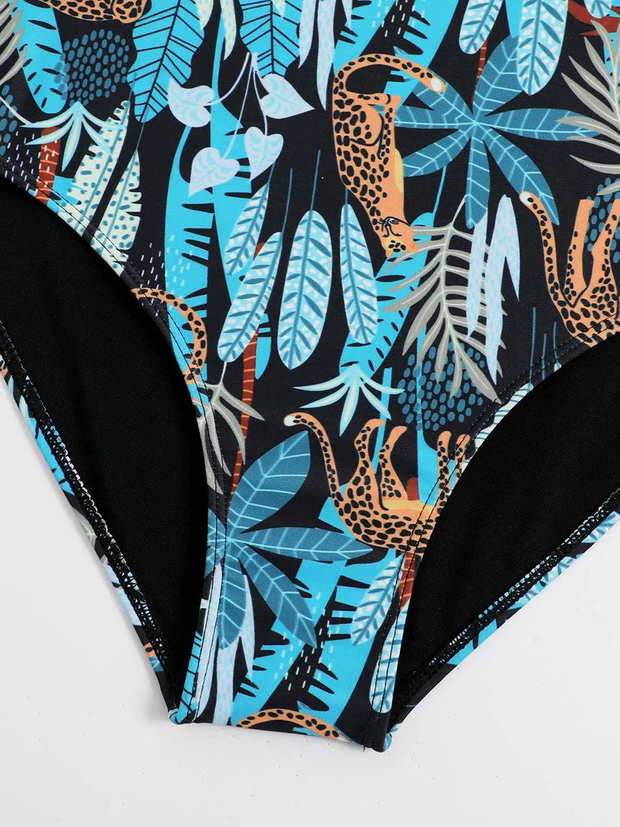 Feather Leaf Cheetah Printed One Piece Swimsuit Ruffle Swimwear Women Padded Bathing Swimming Suit Female Summer Bodysuit