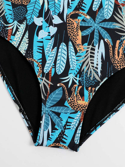 Feather Leaf Cheetah Printed One Piece Swimsuit Ruffle Swimwear Women Padded Bathing Swimming Suit Female Summer Bodysuit
