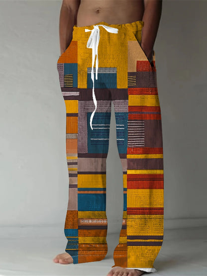 Summer Men's Cotton Linen Casual Pants Retro Ethnic Printing Mid Waist Drawstring Closure Large Size Wide Leg Beach Pants