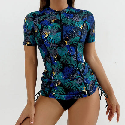Floral Women Swimsuits Sun Protection Female Short Sleeves Swimwear Surfing Sports Pool Beachwear Two-Piece Bathing Suits