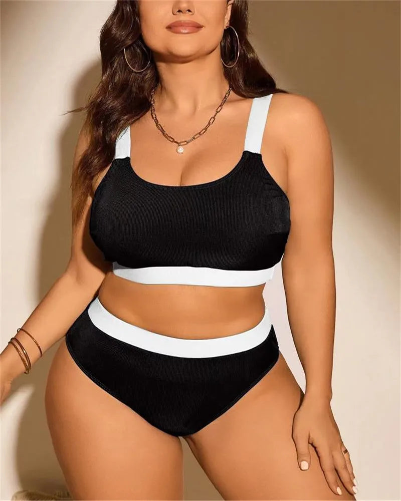 Solid Patchwork Two Pie Plus Size Bikini Women High Waist Large Swimsuit Lady Swimwear Beach Curvy Bathing Suit