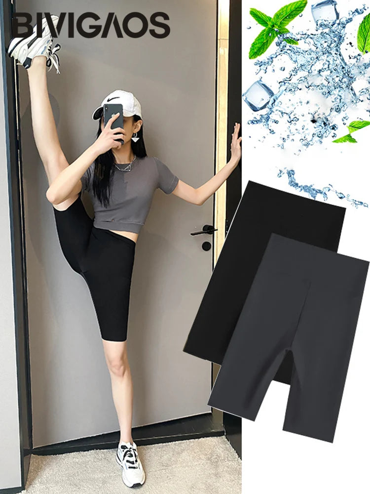 BIVIGAOS Summer Basic Cycling Shorts Women Casual Sharkskin Knee Length Short Legging High Waist Tight Sport Running Biker Short