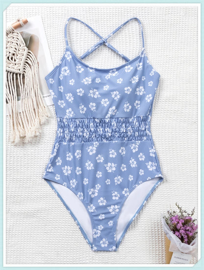 Straped Criss Back One Piece Swimsuit Vintage Swimwear Women Floral Print Bathing Suit Female Front Fold Beachwear Bodysuit