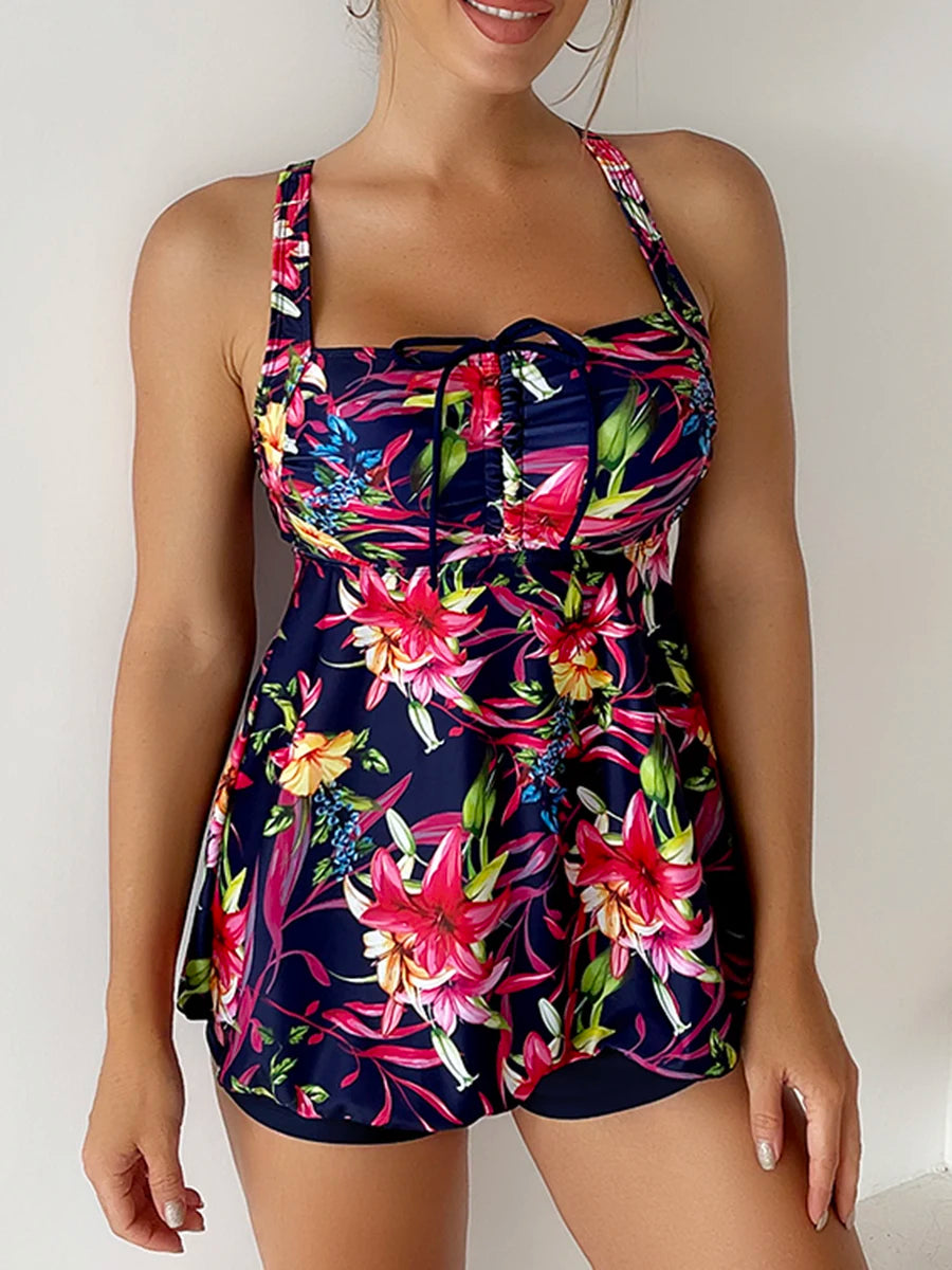 Floral Printed Tankini Set Two Piece Swimsuit Short Women Drawstring Swimwear Female Bathing Suit Beachwear Swimming Summer