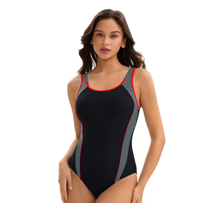 Women's Color Block One-Piece Racing Swimsuit - Backless Sleeveless Athletic Swimwear for Beach Vocation Wear
