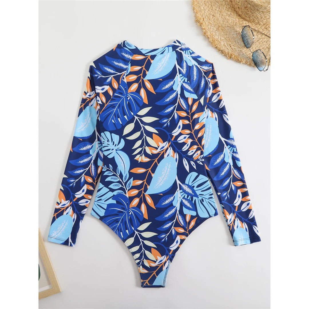 High Cut Printed Long Sleeve Zipper Surf Rash Guard One Piece Swimsuit Women Swimwear Female Bather Bathing Suit Swim
