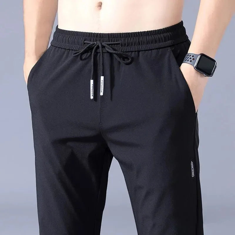 Ice Silk Men's Pants Black Gray Thin Business Casual Pants Outdoor Elastic Breathable Straight Leg Sweatpants