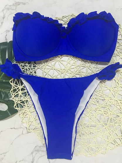 Ruffled Frilled Bra Cup Bikini Women Bandeau Swimsuit Female Swimwear Two Pieces Bikini Set Push Up Bathing Suit Swim