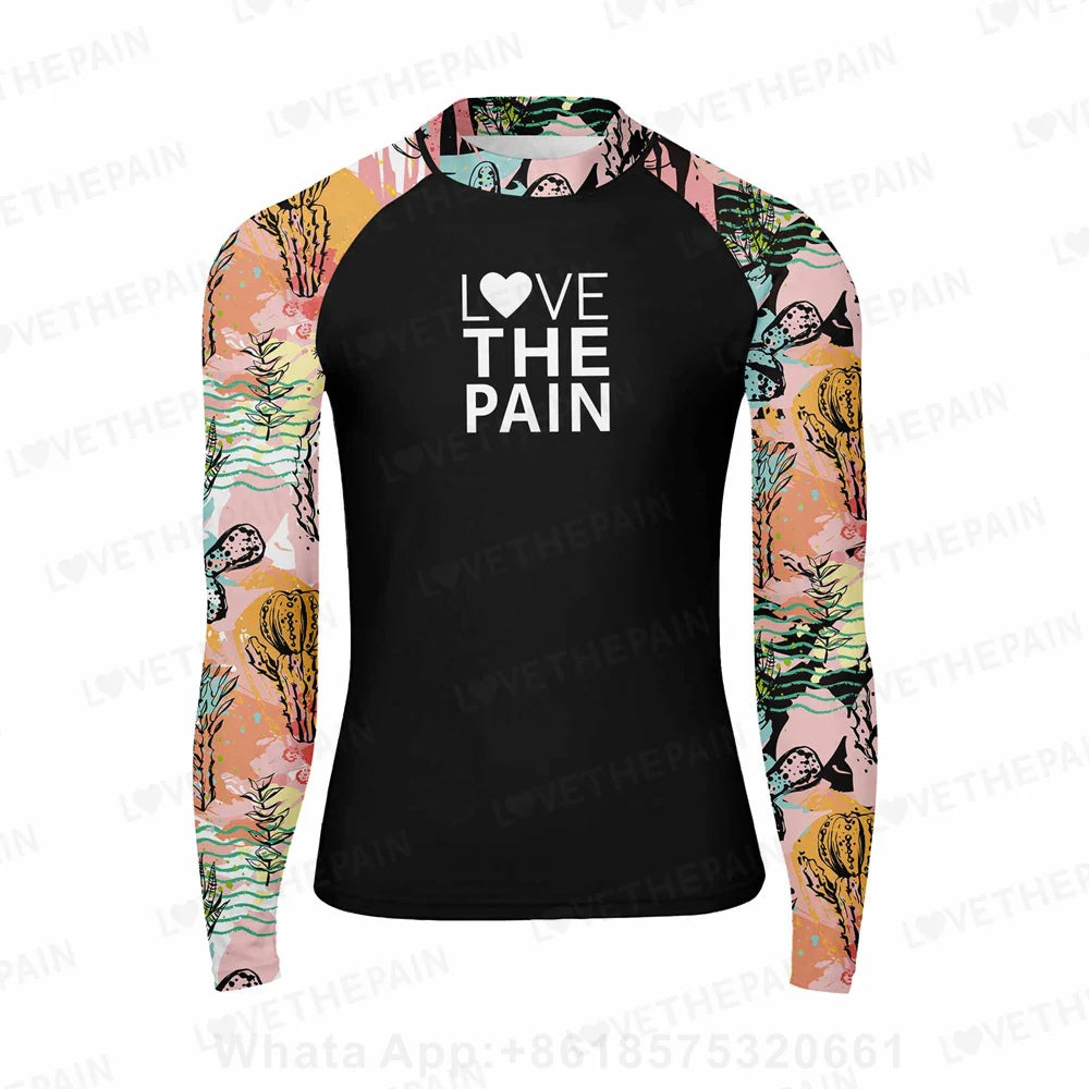 Love The Pain Men Surf Swimming Tshirt Swimsuit Beach UV Protection Rash Guard Diving Suit Long Sleeve Surfing Clothes Rashguard