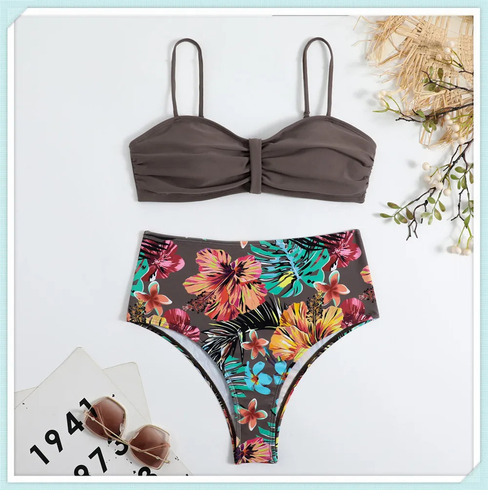Solid Bandeau Bikini Set Women Tropical Printed Swimwear Female Push Up Swimsuit High Waist Bathing Suit Tie Back Beachwear